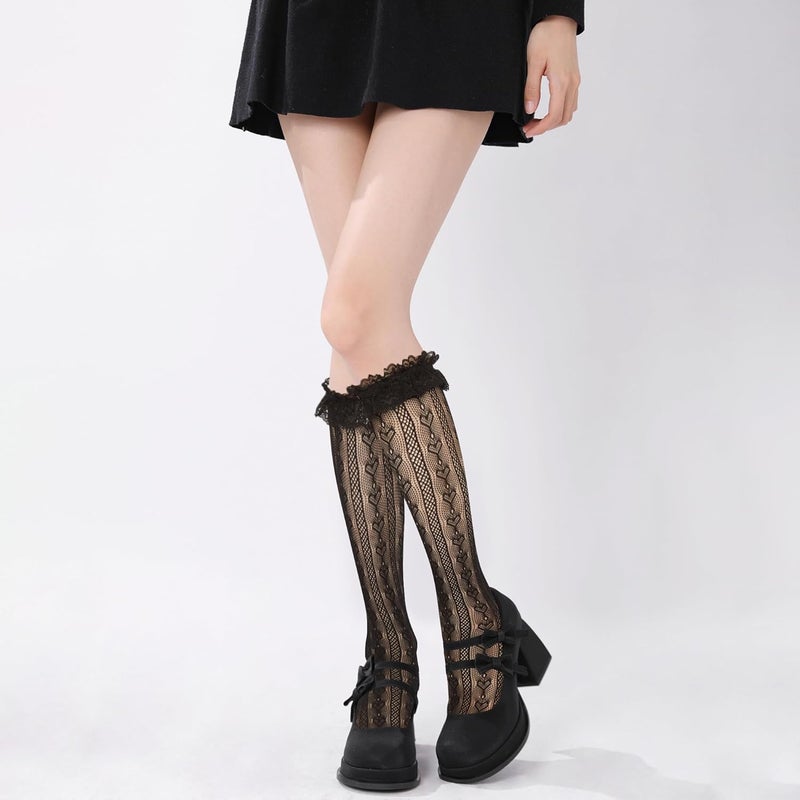 Benefeet Sox Lace Fishnet Knee High Socks Women Girls Ruffle Mesh Knee Highs Lolita Socks Fishnet Stockings - Image 5